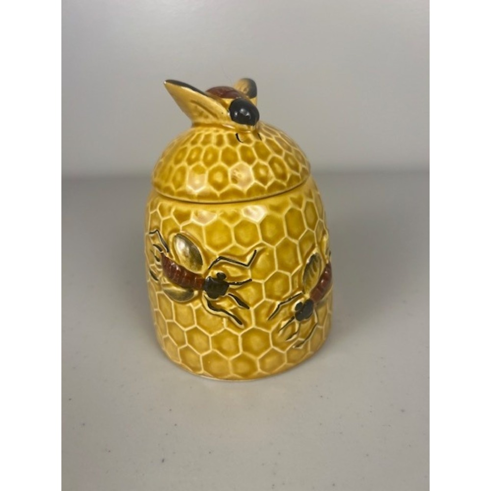 Vintage Ceramic Honeycomb Bee Honey Pot with Notched Lid Yellow 4.5 inch